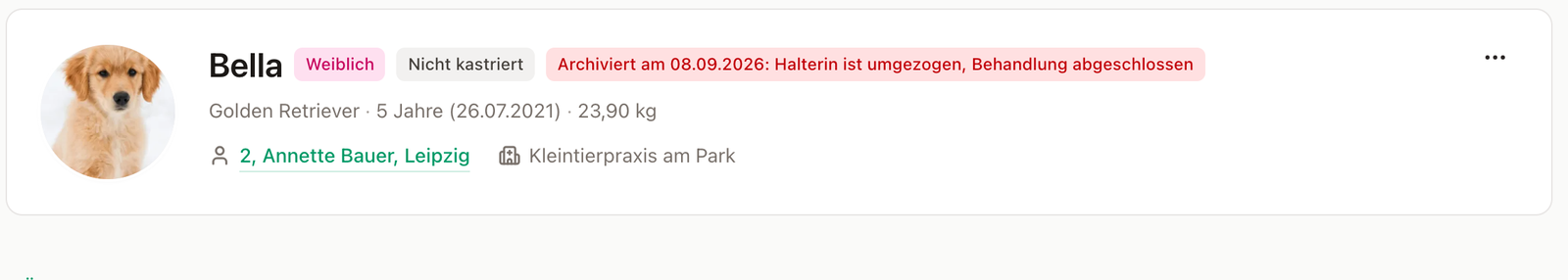 Archiviert-Hinweis mit Grund im Tierprofil