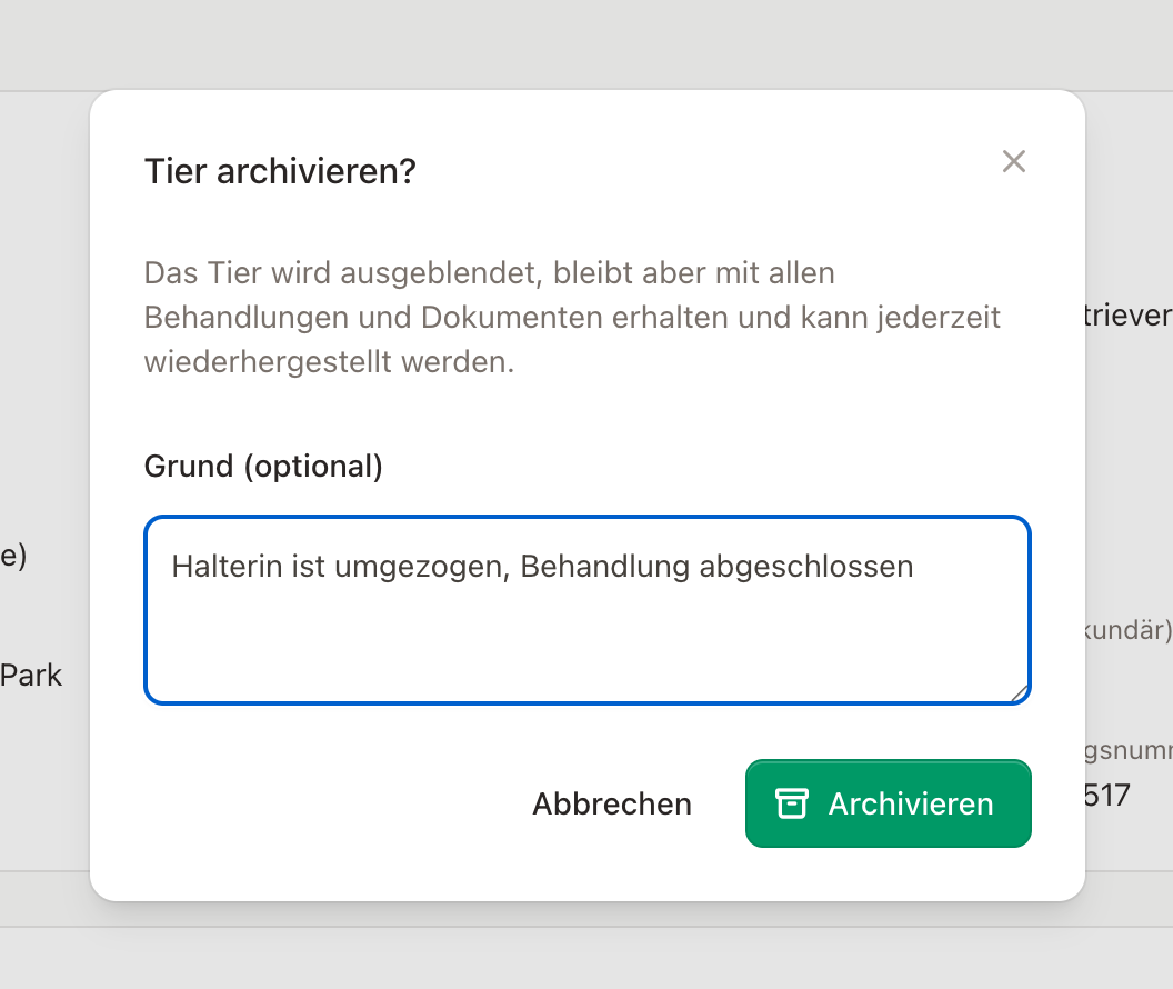 Archivieren-Dialog mit Feld für den Grund
