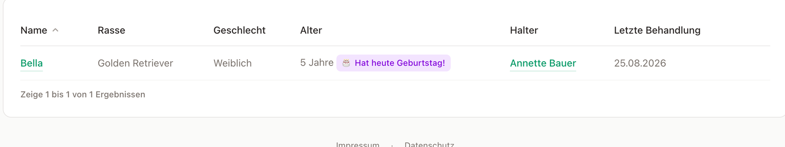 Geburtstags-Markierung in der Tierliste