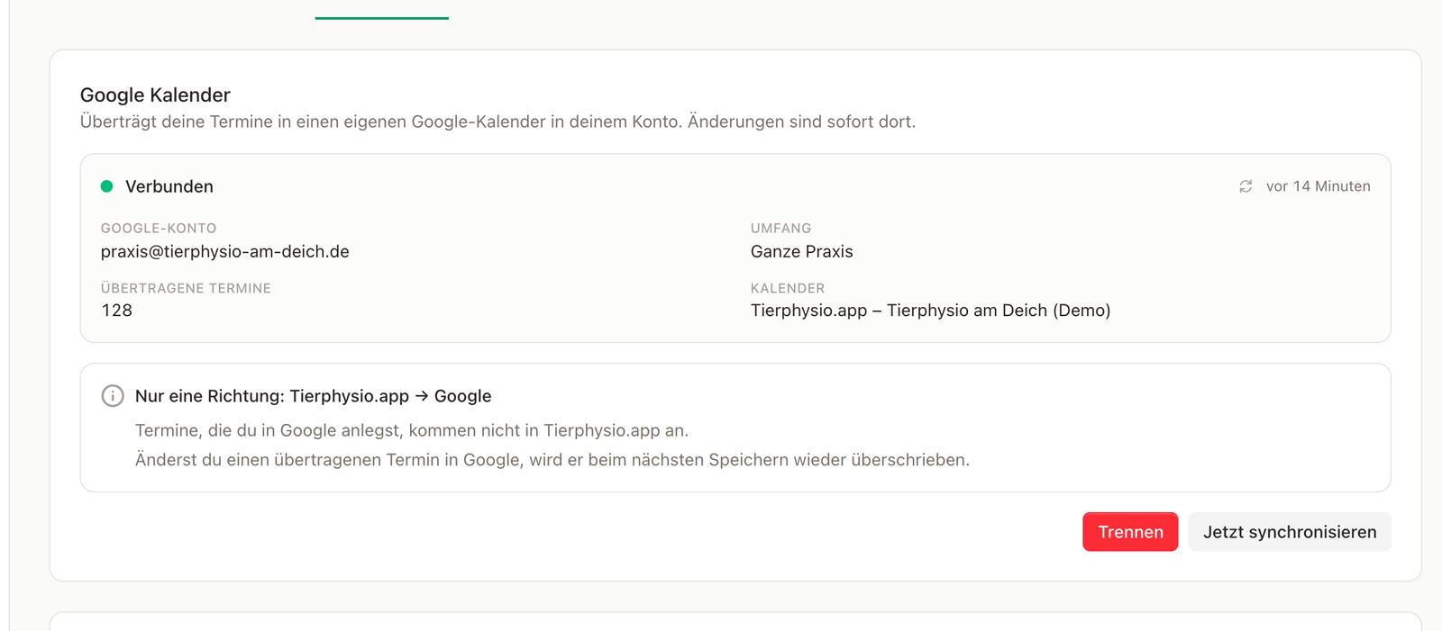 Verbundener Google-Kalender in den Kalender-Einstellungen