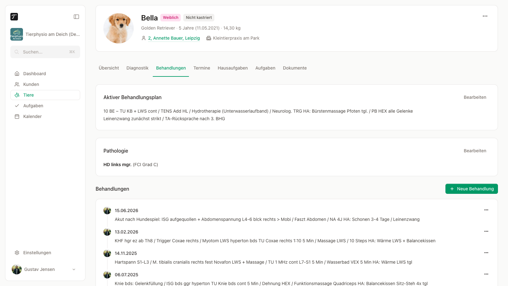 Die Behandlungsliste mit Datum, Therapeuten-Avatar und Behandlungstext.