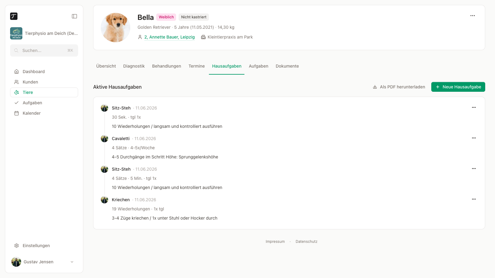 Aktive und erledigte Hausaufgaben mit Wiederholungen, Sätzen und Häufigkeit.