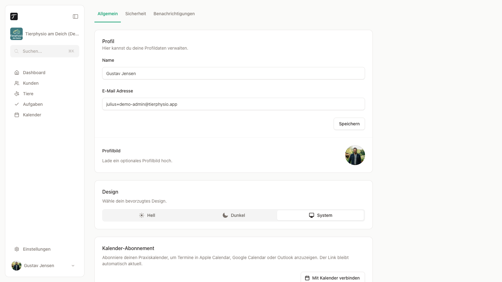 Das Profil mit Profilbild, Name, E-Mail und Designauswahl.
