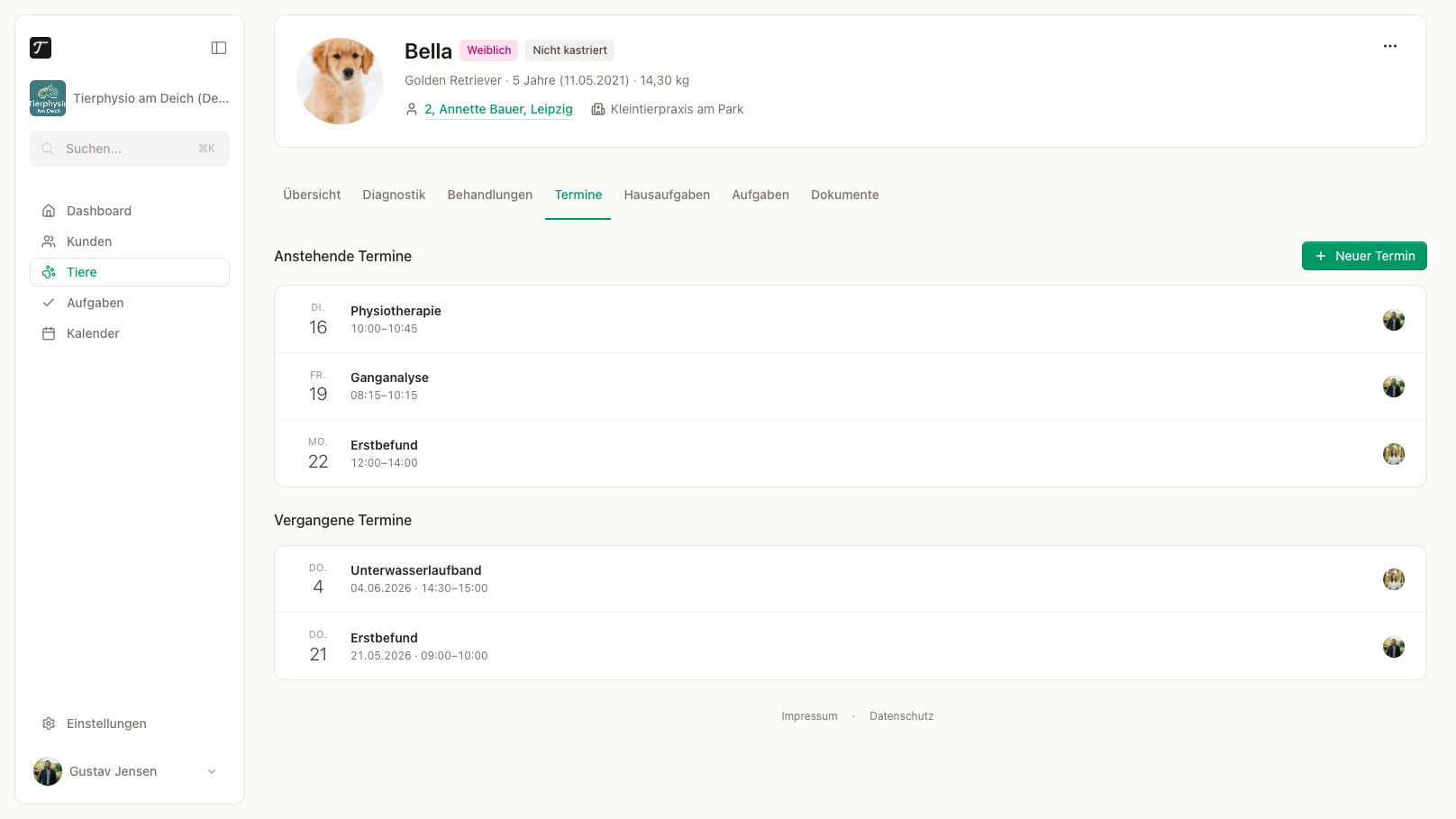 Der Tab Termine im Tierprofil mit anstehenden und vergangenen Terminen.