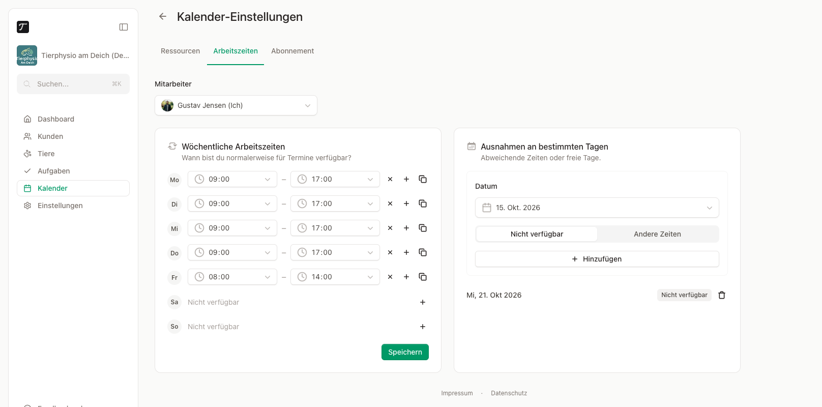 Wöchentliche Arbeitszeiten, dazu Ausnahmen für einzelne Tage.
