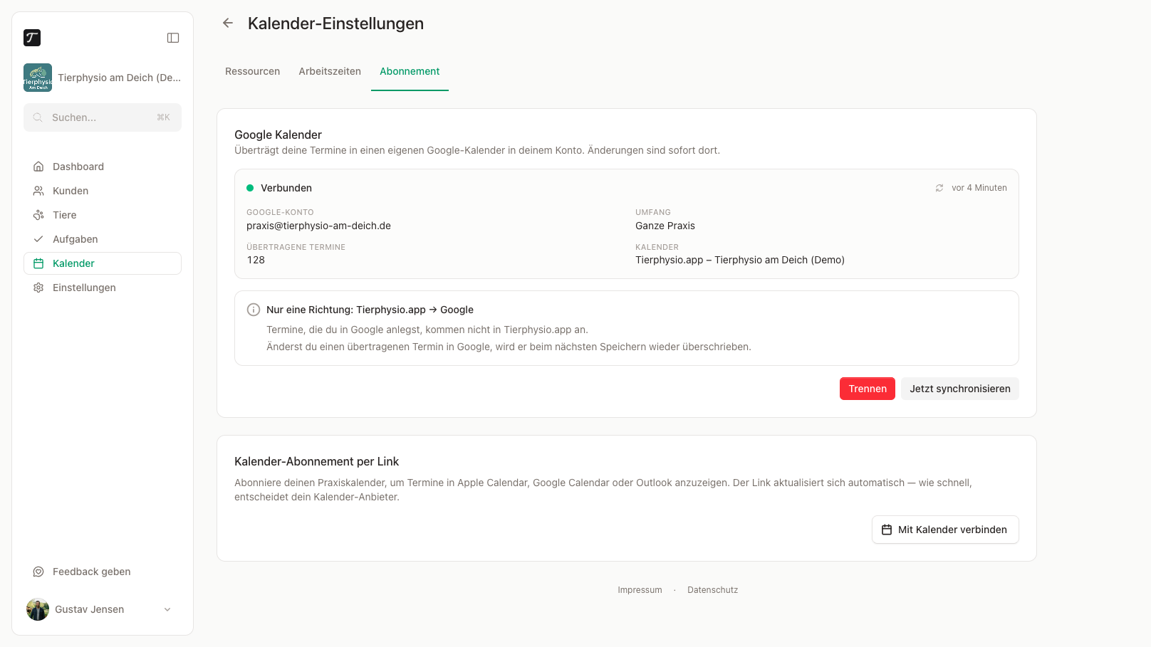 Der verbundene Google-Kalender in den Kalender-Einstellungen.