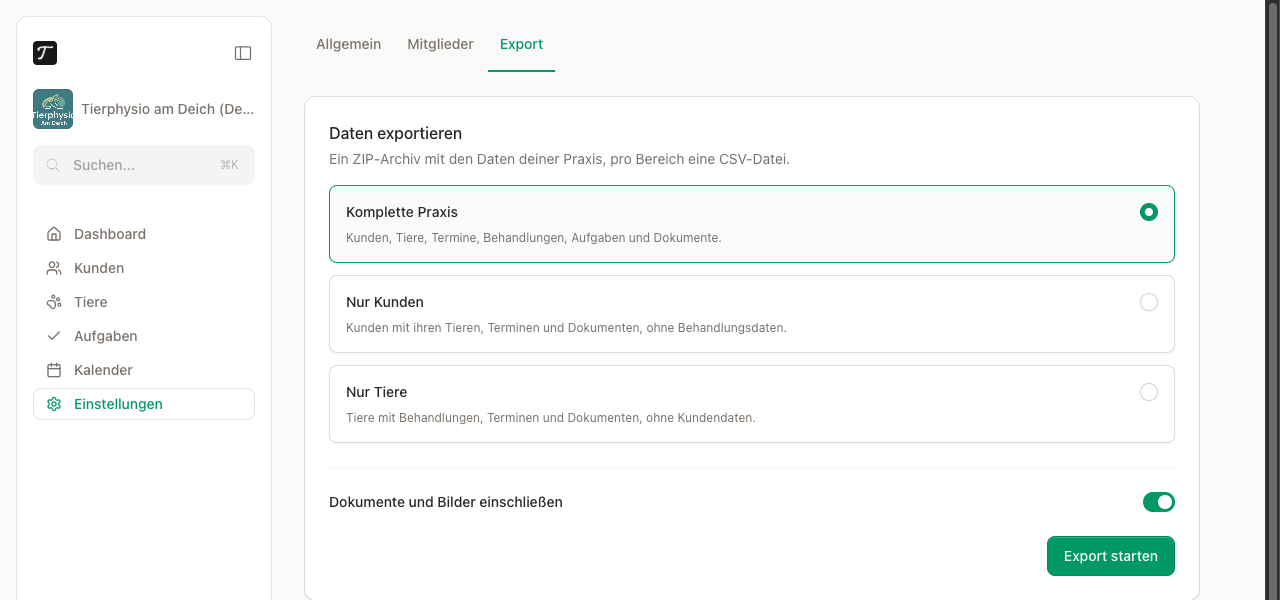 Umfang wählen, Dateien ein- oder ausschließen, Export starten.