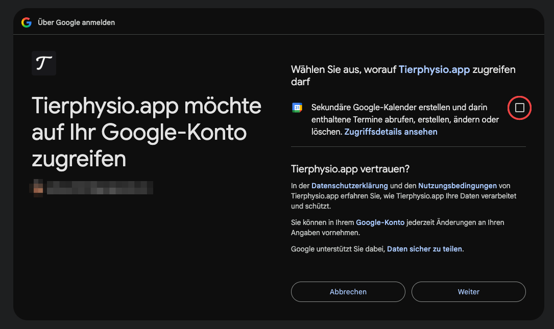Das Häkchen im Google-Dialog: ohne es fehlt Tierphysio.app die Berechtigung.