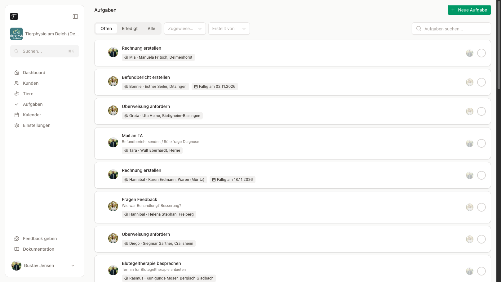Die Aufgabenliste mit Tabs, Filtern und Suche.