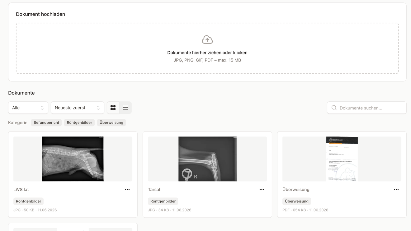 Dokumente eines Tieres in der Rasteransicht mit Röntgen- und PDF-Vorschaubildern
