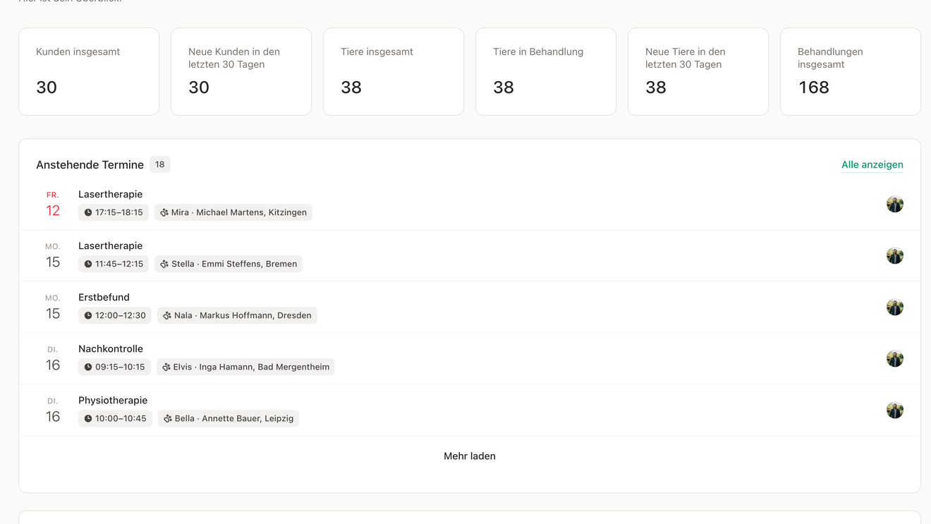 Anstehende Termine als Übersicht auf dem Dashboard